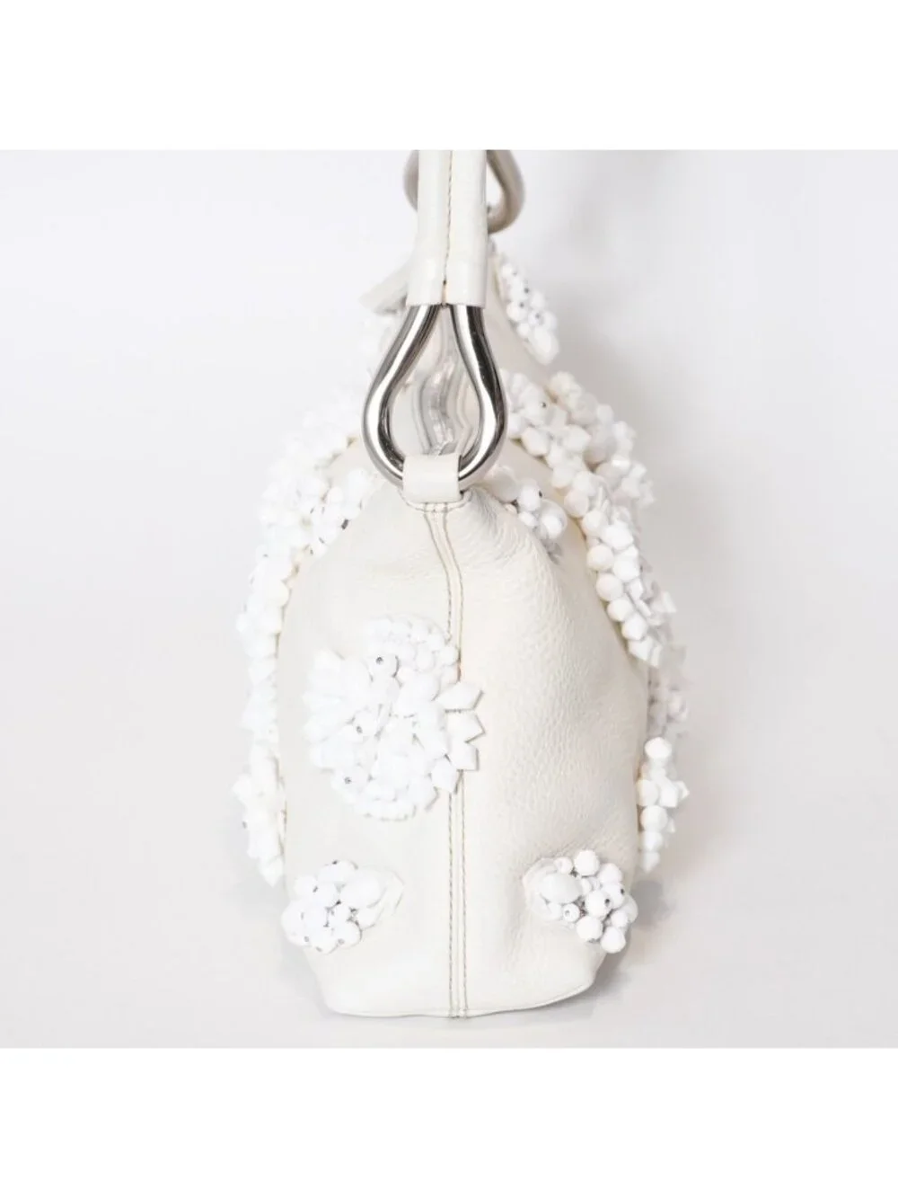 Prada Hobo Handbag Beads Leather White